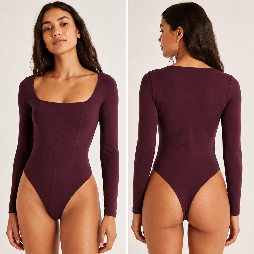 Abercrombie & Fitch Soft A&F Burgundy Square Neck Long Sleeve Bodysuit L NWT